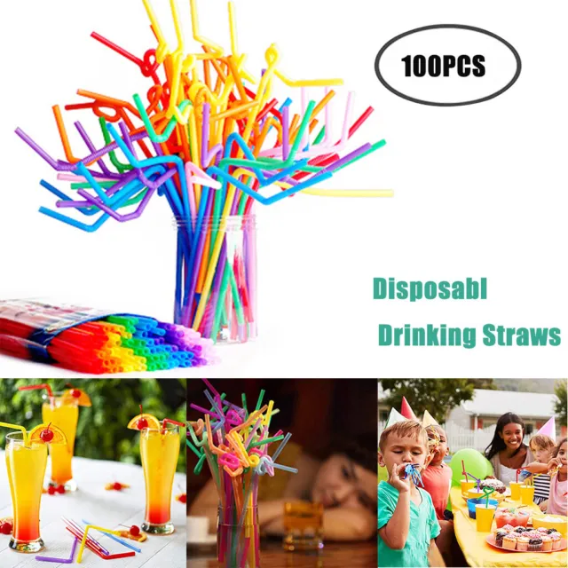 Flexible Bendy Party Disposable Plastic Drinking Straws - Assorted Colors 100PCS
