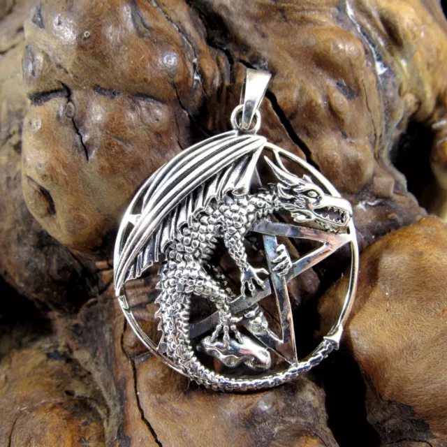 Solid 925 Sterling Silver Dragon & Pentacle Pentagram Pendant, Pagan Amulet