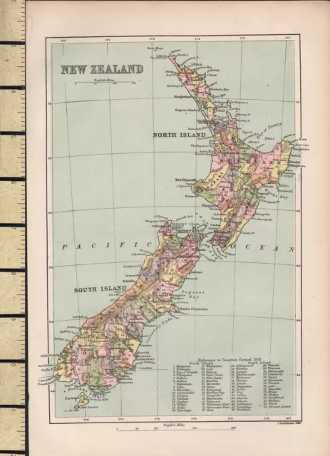 c1880 VICTORIAN MAP ~ NEW ZEALAND NORTH & SOUTH ISLANDS ~ WITH COUNTIES