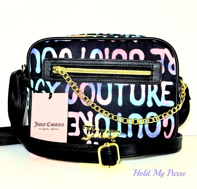 Juicy Couture Black Art Graffiti Pink Purple Aqua Camera Crossbody Bag