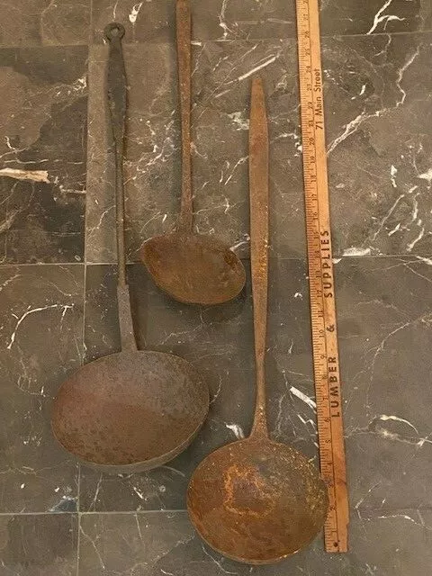 18th 19th century Colonial American Wrought Iron Ladles Cooking Spoons 7" bowl!
