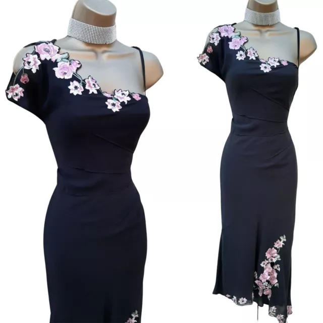 14 UK Karen Millen Vintage Black Floral Embroidered Salsa Wiggle Midi Dress