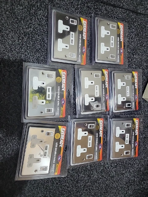 8 x Zócalo USB Eveready conmutado doble cromado acabado blanco inserto premium