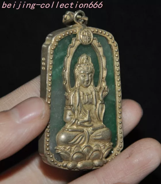 2" Tibet silver 100% Natural Emerald Green Jade Jadeite guanyin Exorcism Pendant 2