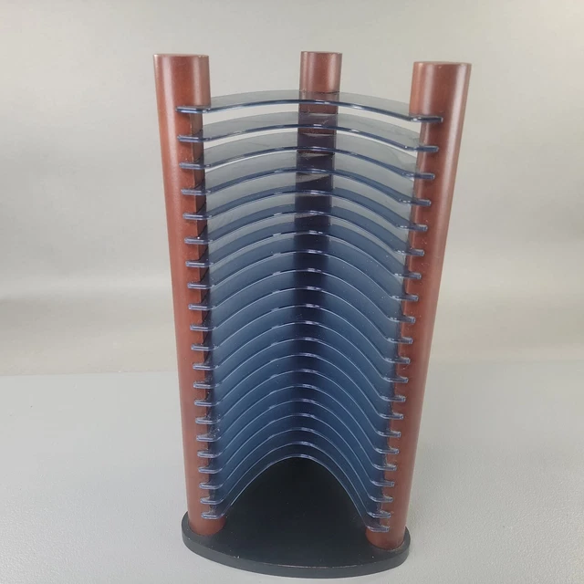 Blue Plastic & Dark Walnut Wood CD Tower Rack Storage Holder Holds 20 CD's
