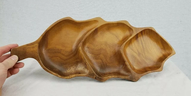 Vintage Monkey Pod Wood Leaf Hand Rubbed & Hand Carved Tray Bowl Wooden Japan