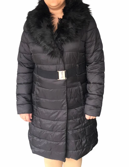 F&f black long padded belted coat deals