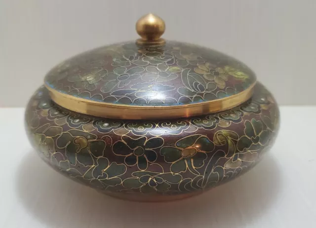 Small Chinese CLOISONNE Blue Enamel Floral Trinket Jar Box Ginger Bowl with Lid