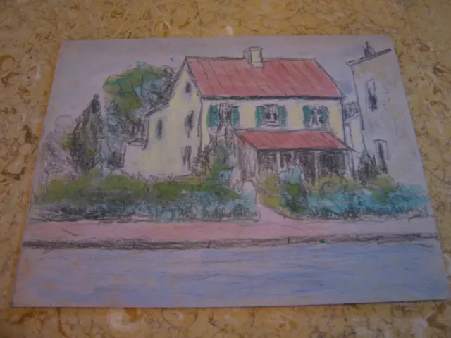 Vtg Antique Early 20th Cent. E A Trego Charcoal Drawing of House