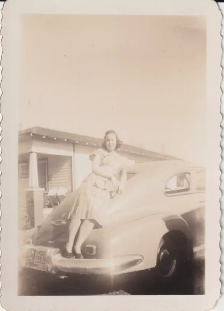 Vtg Found Photo Woman posing Retro Car 1950s Virginia License Plate MCM Portrait