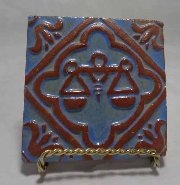 Moravian Pottery Arts & Crafts Relief Tile Libra Zodiac Scales Blue w/ Brown