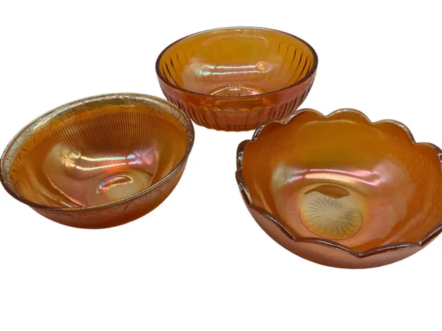 Vintage Carnival Glass Marigold Colored Bowls, Lot of 3 Iredescent Collectible