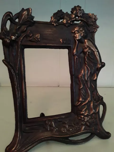 Vintage Metal Copper Art Nouveau Heavy Frame w Beautiful Lady Lilies Flowers