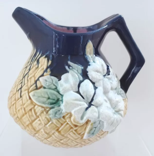 Pretty/Old Majolica Cobalt Basketweave and Floral Pitcher, Circa 1880