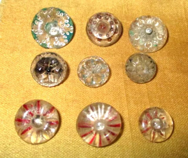 Lot 9 Antique Victorian Charmstring Buttons - Radiant Clear Glass Colored Flower