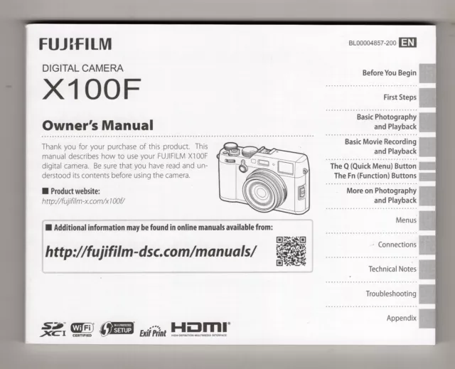 Fuji Fujifilm X100F Genuine Camera Instruction Manual / User Guide In English