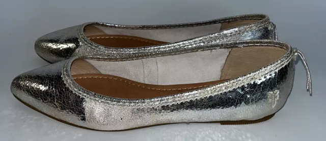 Preowned Frye Regina Pointed Toe Leather Ballet Flats Metallic Silver Womens 6.5