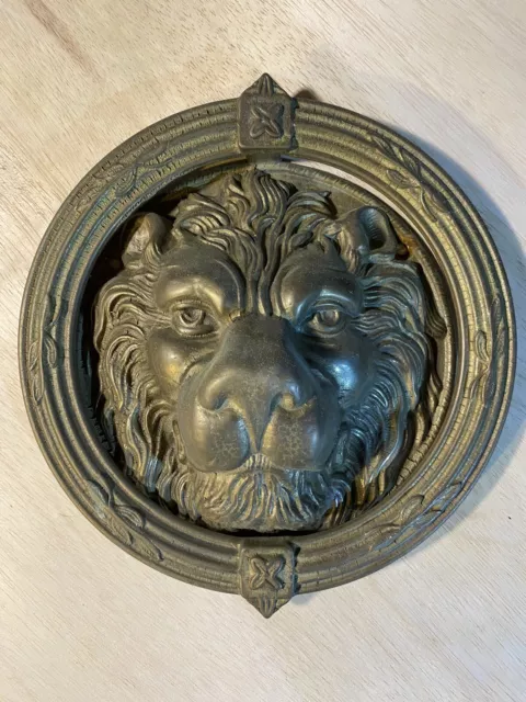 Vintage English LARGE 9" Brass Lion Head Door Knocker Architectural Salvage 2