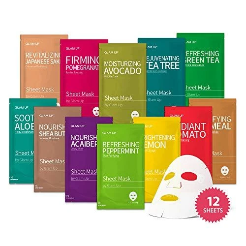 GLAM UP Sheet mask Facial Mask 12 Combo (Pack of 12) | 12 Piece Set