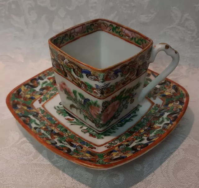 Antique Chinese Famille Rose Medallion Hand Painted Tea Cup & Saucer Rare Square