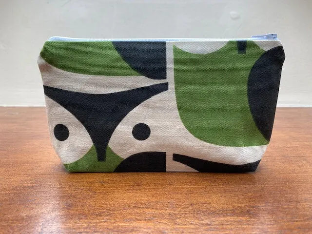 Handmade Make Up Bag Case Made With Orla Kiely Owl Fabric In Green