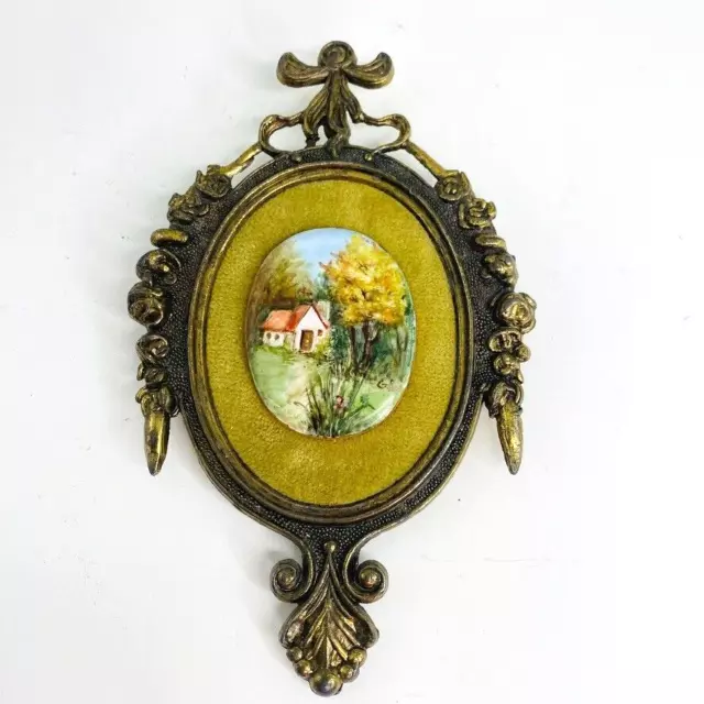 VTG 1960s Italian Brass Oval Ornate Frame w/ Landscape Painting on Porcelain