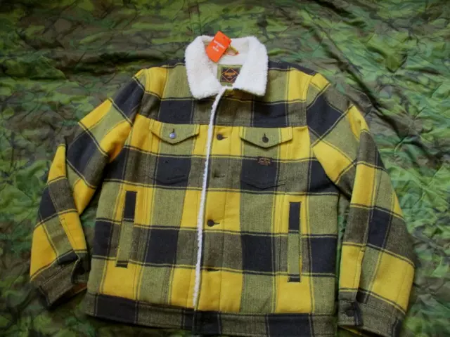 SUPERDRY HIGHWAYMAN gold buffalo CHECK WOOL trucker sherpa JACKET COAT XL large