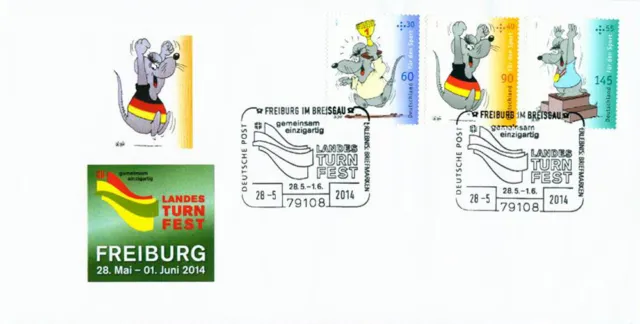 7. Landesturnfest B-W Freiburg 2014 Brief, kpl. Markensatz Uli Stein