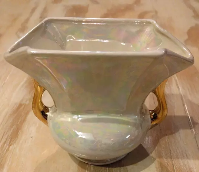 Vintage Pioneer Pottery Pearl Iridescent Vase 22k Gold Handles USA 4.5"