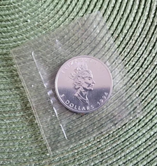 Maple Leaf 5 CAD 1994 1 onza plata sello brillo original soldado!