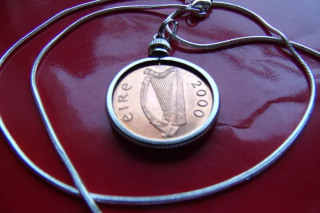 2000 IRISH Harp Coin Penny Pendant on a 30" Sterling Silver Snake Chain. 22mm