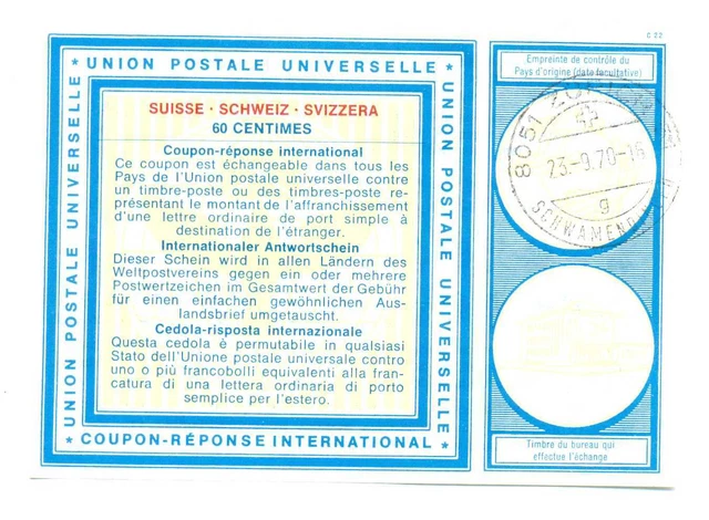 Switzerland International Reply Coupon 60 Centimes 1970 Zurich Schwamendingen