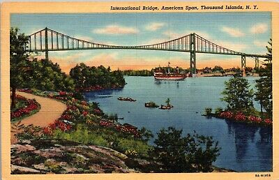NY International Bridge American Span Thousand Islands Vtg Postcard Linen 1940s