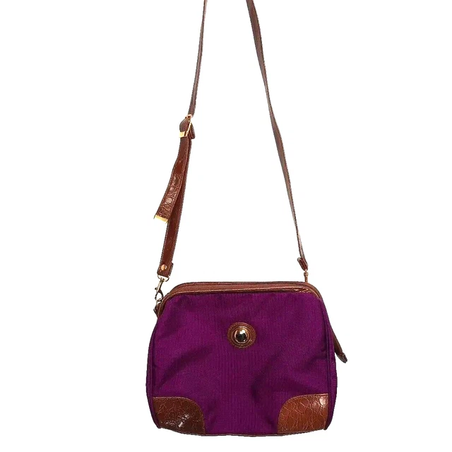 Vtg 80s CAPEZIO Purple Nylon Hinged Cross Body Bag Purse Brown Faux Croc Trim