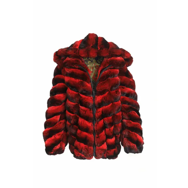 Men Fariming Rex Rabbit Fur Red Chinchilla Hooded Zip Jacket Genuine Fur Coats