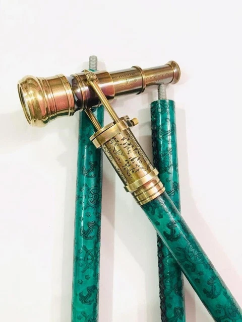 Nautical Leather Walking Stick Brass Spy Engraved Telescope Handle with Compass