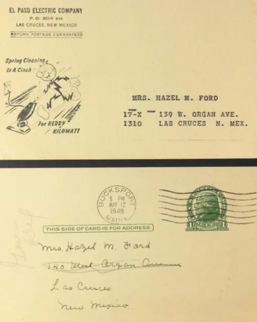 Tarjeta postal El Paso Electric Company Bill Hazel M Ford Las Cruces N México 1949