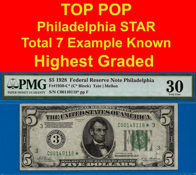 1928 $5 Federal Reserve Note Philadelphia star PMG 30 TOP POP highest graded