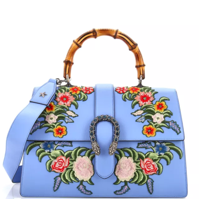 Gucci Dionysus Bamboo Top Handle Bag Embroidered Leather Large Blue