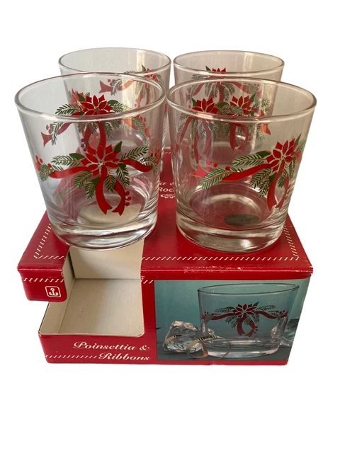 Anchor Hocking  Poinsettia & Ribbons 4 Piece Christmas 9 oz Rocks Glass Set