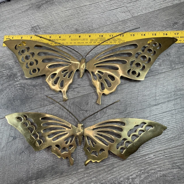 VTG Pair Solid Brass Heavy Butterfly Wall Decor From 80s Stamped Japan 17” & 14”