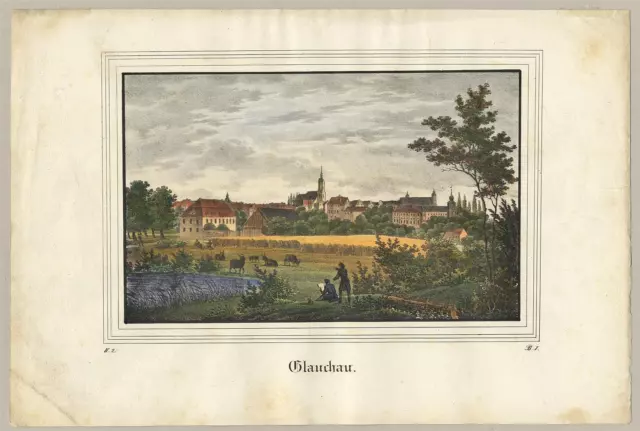 GLAUCHAU - Gesamtansicht - Saxonia - kol. Lithographie um 1840 2