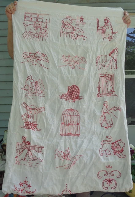 Antique Red Work Embroidery Crib Coverlet Folk Art Animals Cats