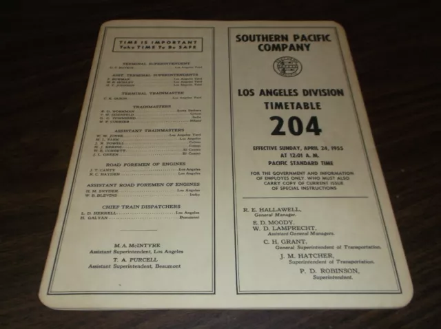 1955 Southern Pacific Los Angeles Division Employee Timetable #204