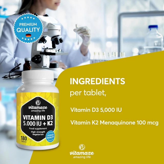 VITAMIN D3 5000IU & Vitamin K2 100ug MK7 180 High Strength Vitamin D3