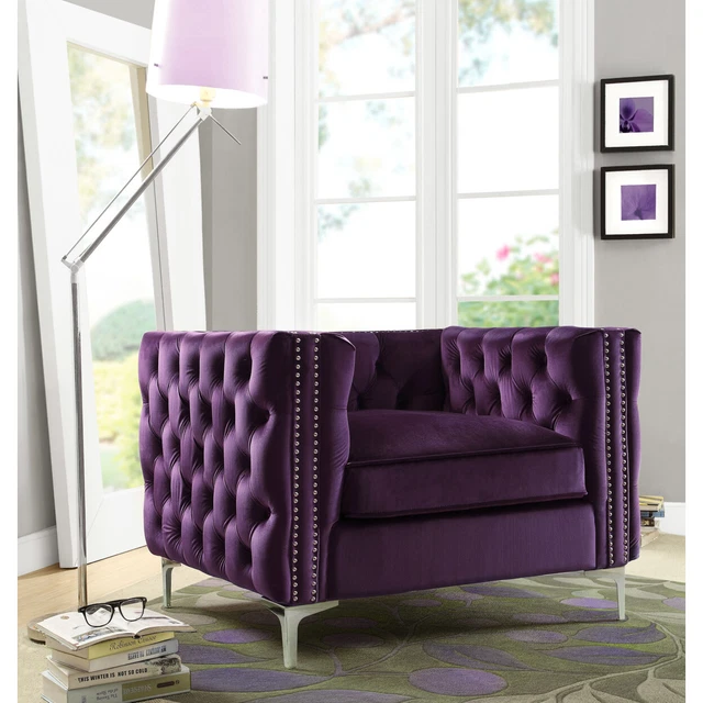 Picasso Velvet Button Tufted With Silver Nailhead Trim Silvertone Metal Y-Leg