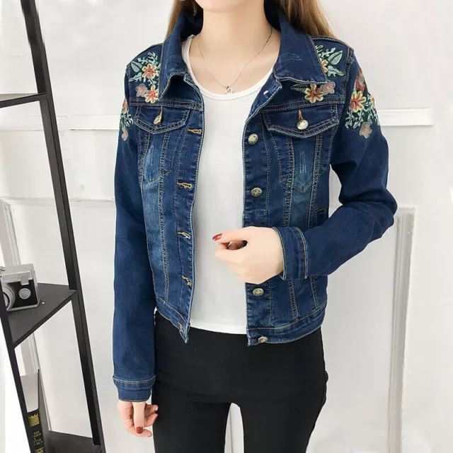 Fashion Womens Blue Embroidered Stretch Denim Designer Ladies Jean Jacket Coat