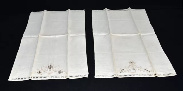 2 Ecru Beige Abstract Embroidery Cutwork Linen Hand Towels 13 x 20 NWOT 2