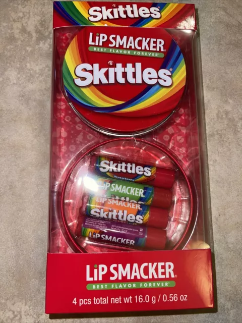 Lip Smacker Lip Balm Set SKITTLES Best Flavor Forever 4 Sticks W/ TIN CONTAINER