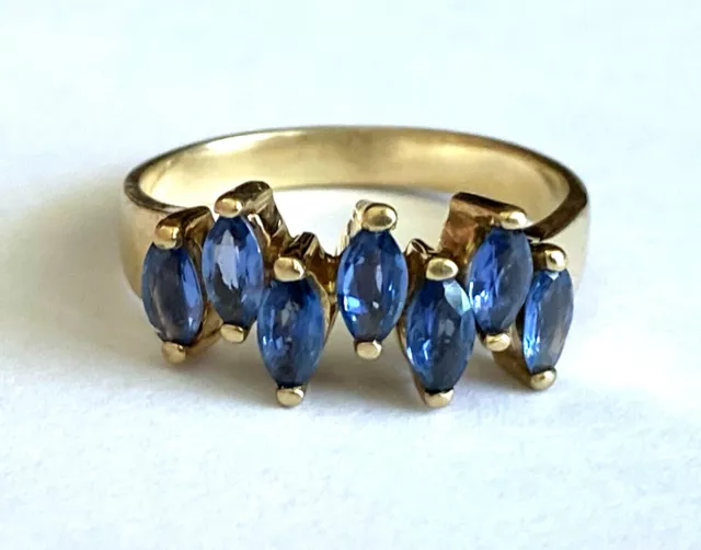 Signed JVC 14K Yellow Solid Gold Marquise Sapphire Classy Ladies Ring Size 7.75